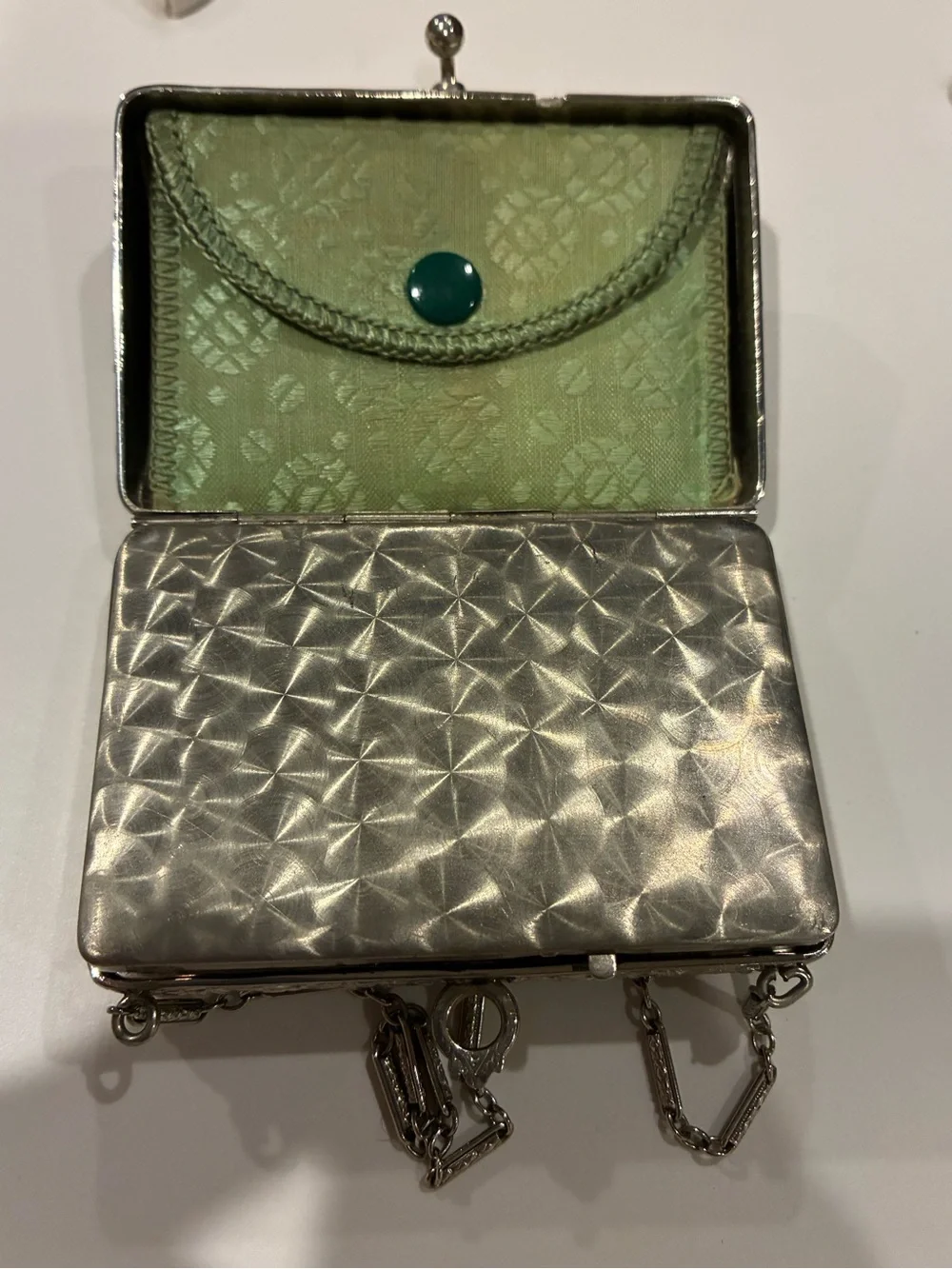 1920s Art Deco guilloché enamel compact dance purse, manufactured by the Finberg